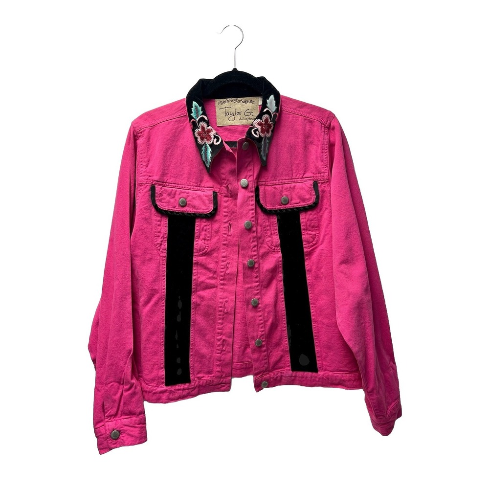 Taylor G. XL Pink Denim Jacket Embroidered Rockabilly Cowgirl Dallas Artsy Funky